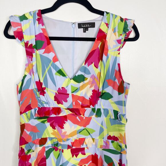 Nicole Miller Small Blue Pink Floral Oasis Silk Ruffle Midi Dress VNeck Cocktail - Picture 3 of 12